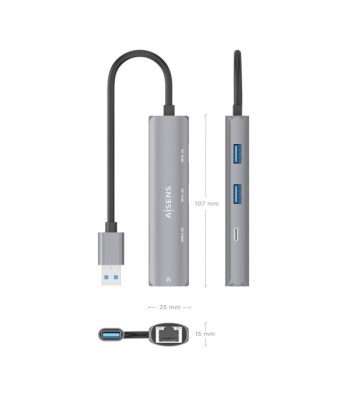 Aisens ASUC-4P035-GR Adaptador de Red USB 3.0 p/ Ethernet Gigabit + Hub 1xUSB-C e 2xUSB-A 3.0 - 15cm -