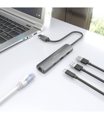 Aisens ASUC-4P035-GR Adaptador de Red USB 3.0 p/ Ethernet Gigabit + Hub 1xUSB-C e 2xUSB-A 3.0 - 15cm -